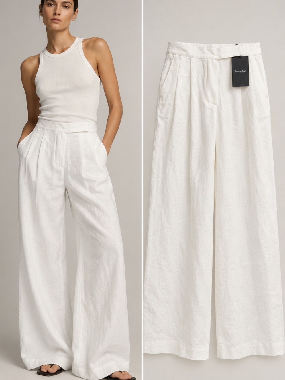 Massimo Dutti White Linen Wide Leg Darted Trousers NWT Size 6 / 38